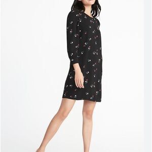 Old Navy Dress A Line 3/4 Sleeve Scoop Neck Floral Stretch Black Sz Large